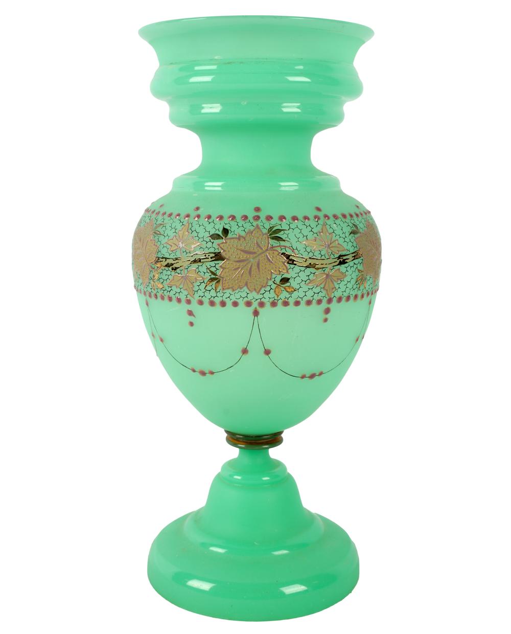 Appraisal: ENAMELED GLASS VASEgreen opaque glass decorated with a band of