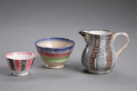 Appraisal: THREE PIECES OF RAINBOW SPATTERWARE English first half- th century