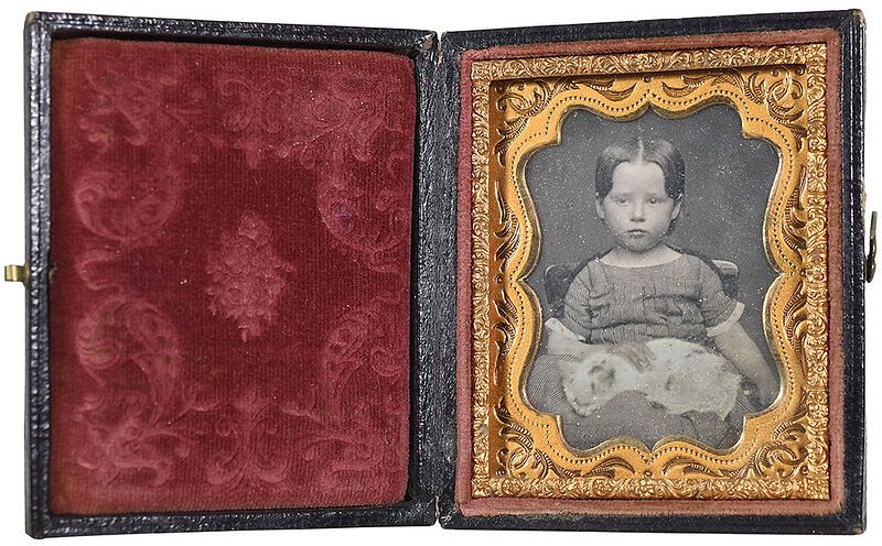 Appraisal: Daguerreotype of Girl Holding Cat ninth plate daguerreotype in full