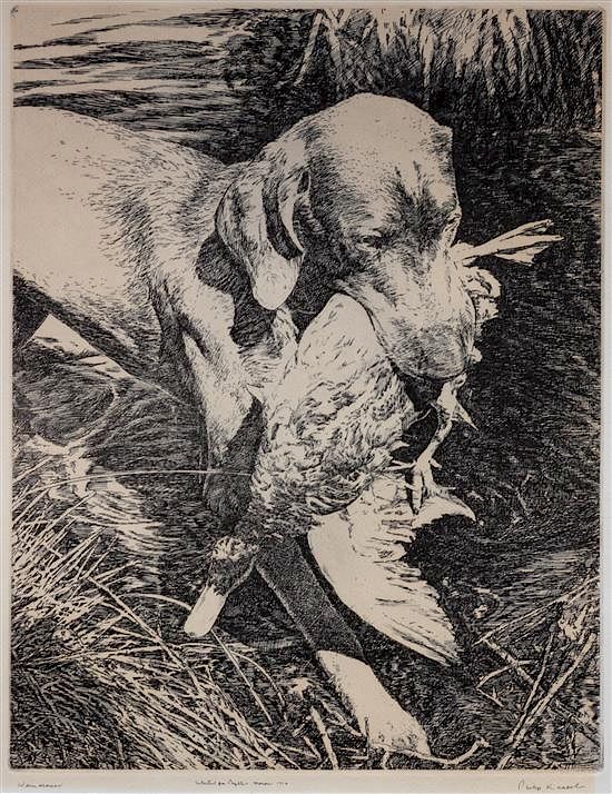 Appraisal: An Etching of a Weimaraner Image x inches An Etching