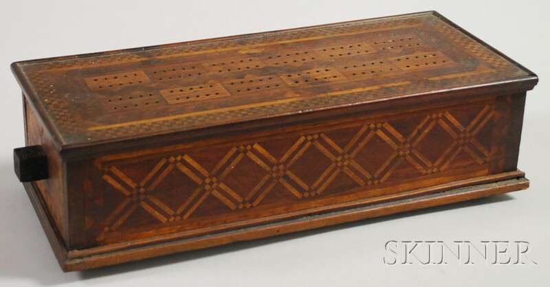 Appraisal: Tramp Art Parquetry-decorated Cribbage Game Box two end drawers with