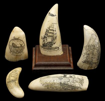 Appraisal: Five scrimshaw whale's teethThree incised with whaling scenes one depicitng