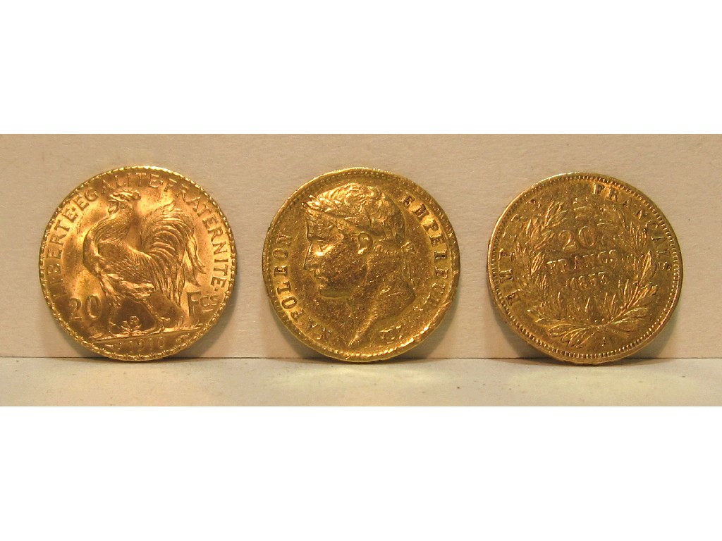 Appraisal: Three gold franc coins dated