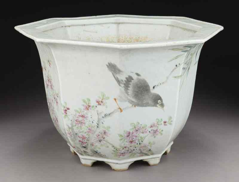 Appraisal: Chinese Qianjiang porcelain octagonal planterdepicting birds and flowers ''H x