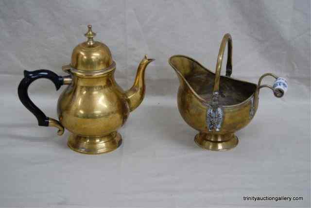 Appraisal: Solid Brass Kitchen Items Tea Pot Water CanThis is for