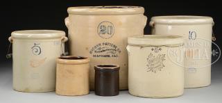 Appraisal: LOT OF SIX VARIOUS SIZE CROCKS gallon stoneware crock having