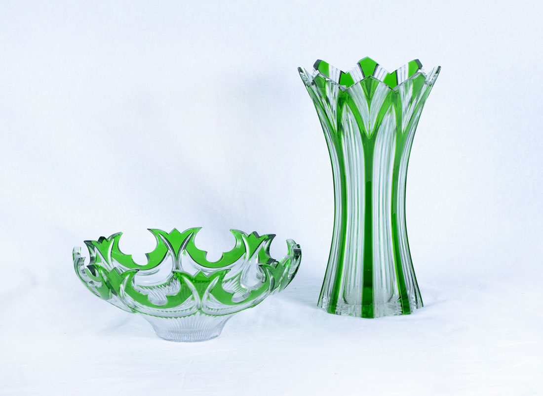 Appraisal: UNUSUAL GREEN CUT TO CLEAR BOWL VASE piece unmarked green