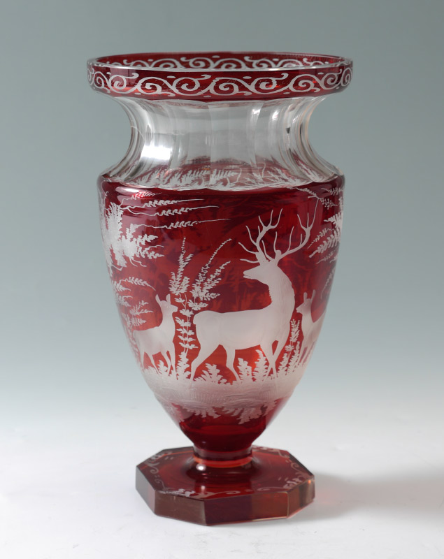 Appraisal: RUBY ETCHED GLASS FIGURAL DEER VASE Ruby flash with etched