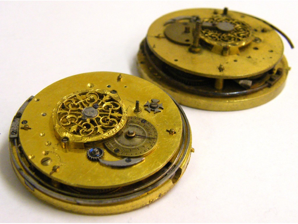 Appraisal: Two similar Continental fusee verge repeating pocket watch movements one