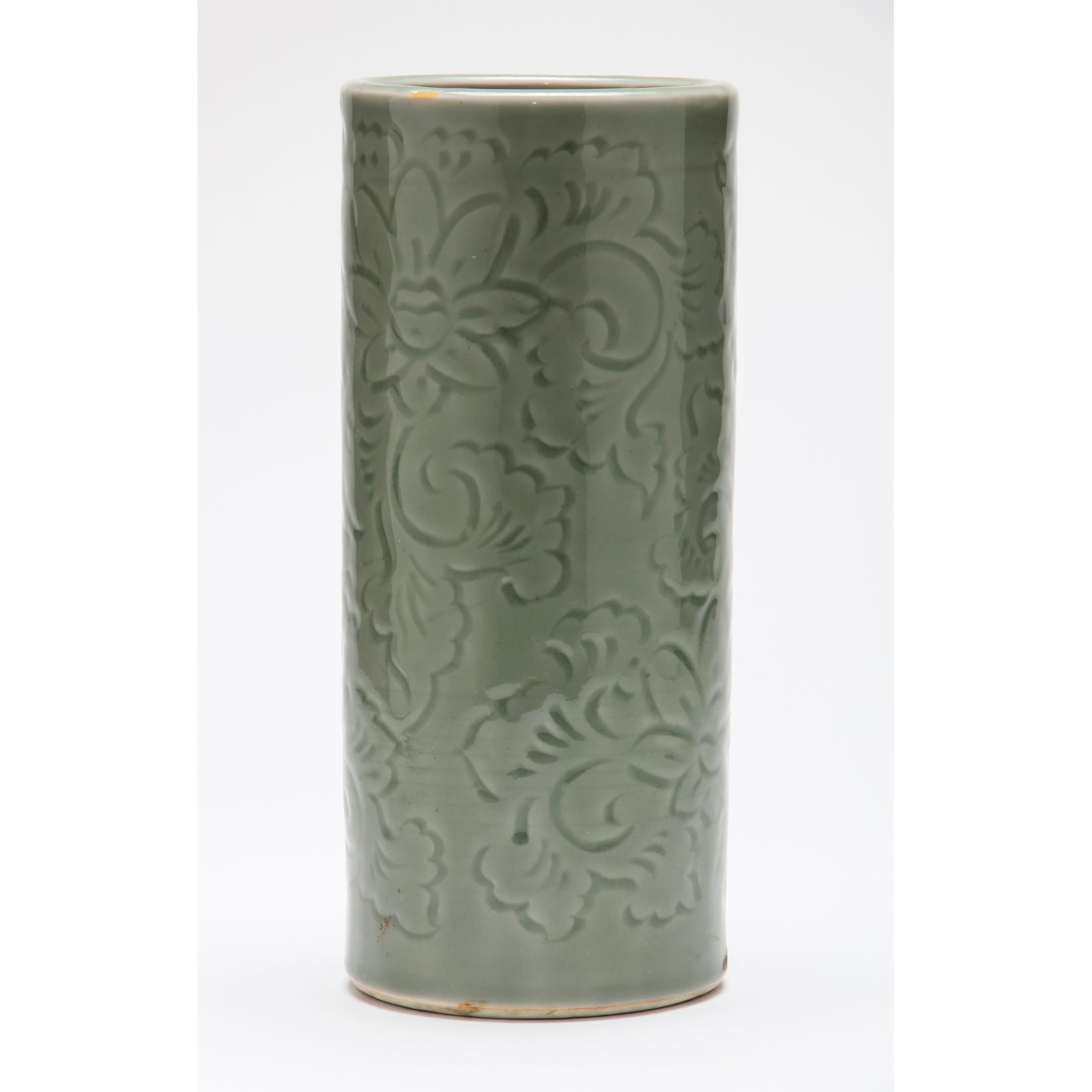 Appraisal: Chinese Tall Celadon Glaze Brush Pot th century the sides