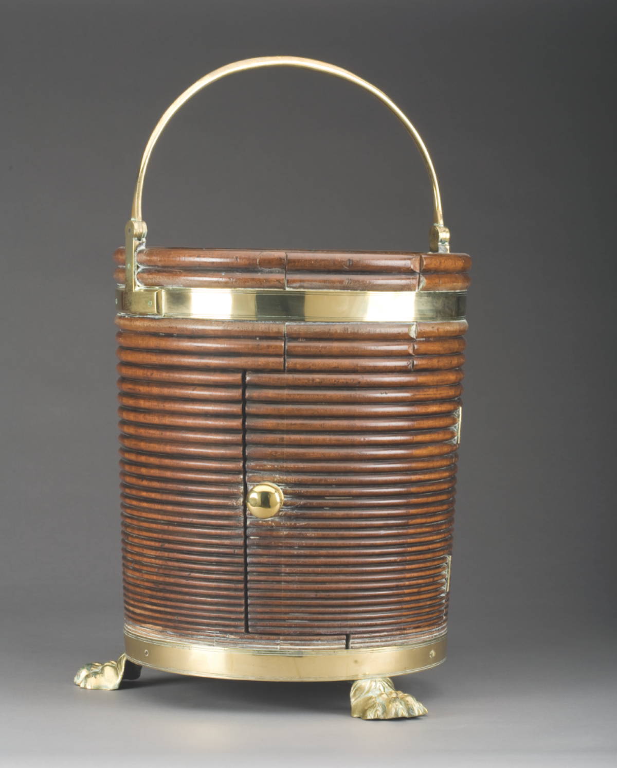 Appraisal: ENGLISH MAHOGANY REEDED BRASS-BOUND PEAT BUCKET WITH DOOR AND BRASS