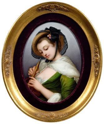 Appraisal: Berlin porcelain plaque woman in green dress holding a reeded