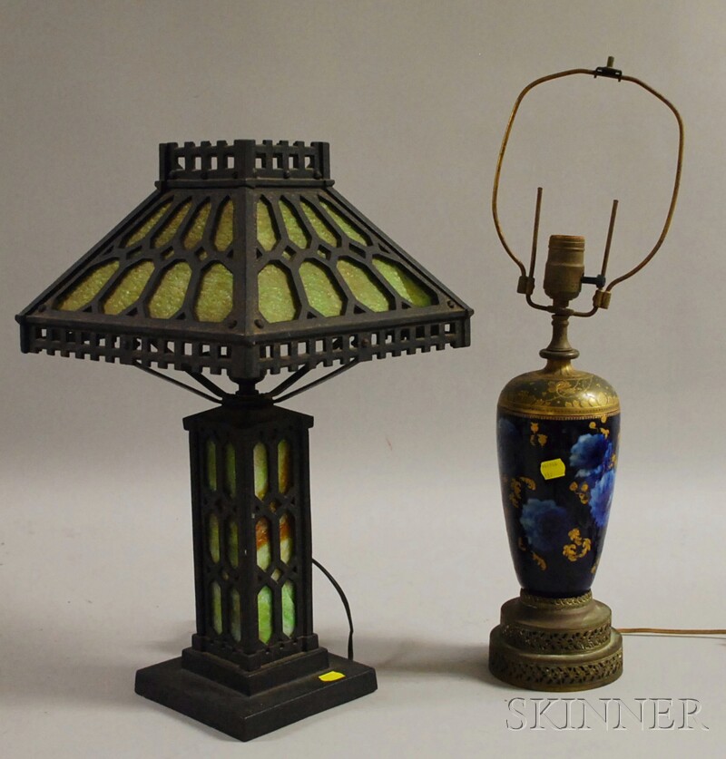 Appraisal: Arts Crafts Metal Overlay and Art Glass Table Lamp and