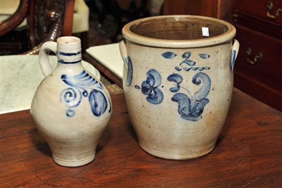 Appraisal: TWO PIECES OF STONEWARE A cobalt decorated stoneware jug having