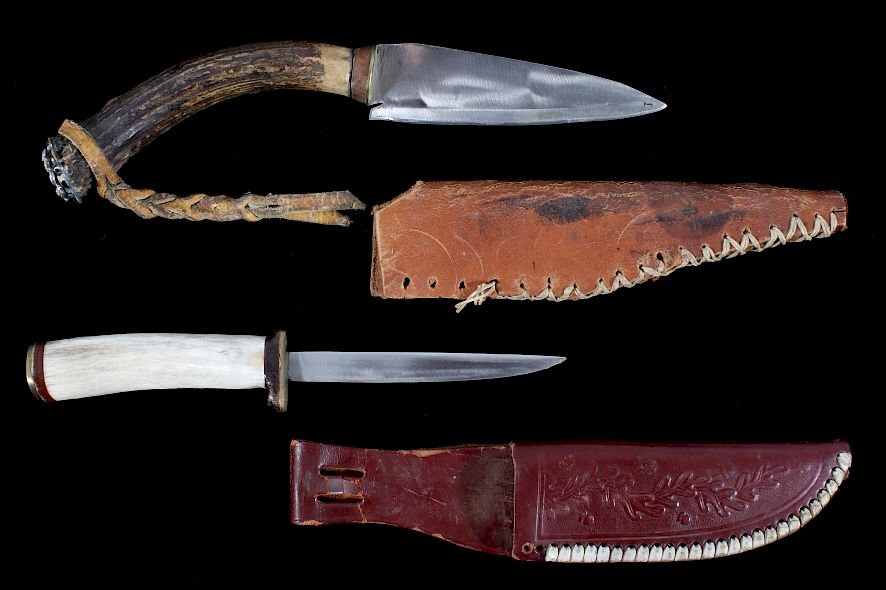 Appraisal: Set of Antler Handle Knives With Leather Sheathes Offered in