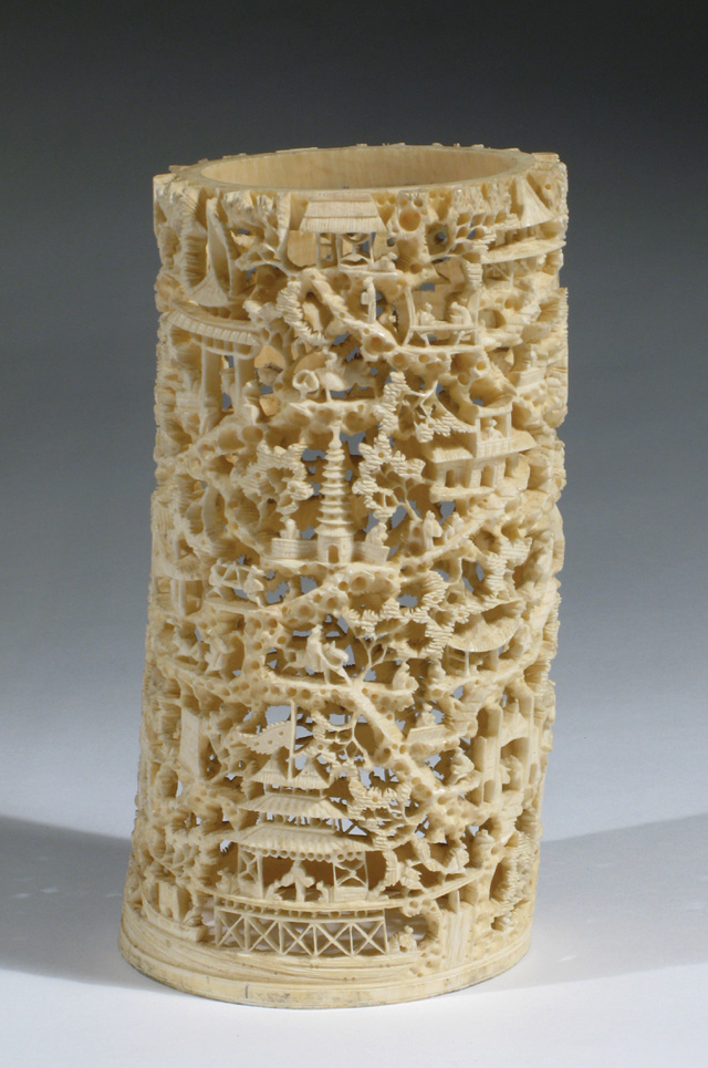 Appraisal: IVORY CHINESE HAND CARVED-PIERCED TUSK having intricately tiered displays of