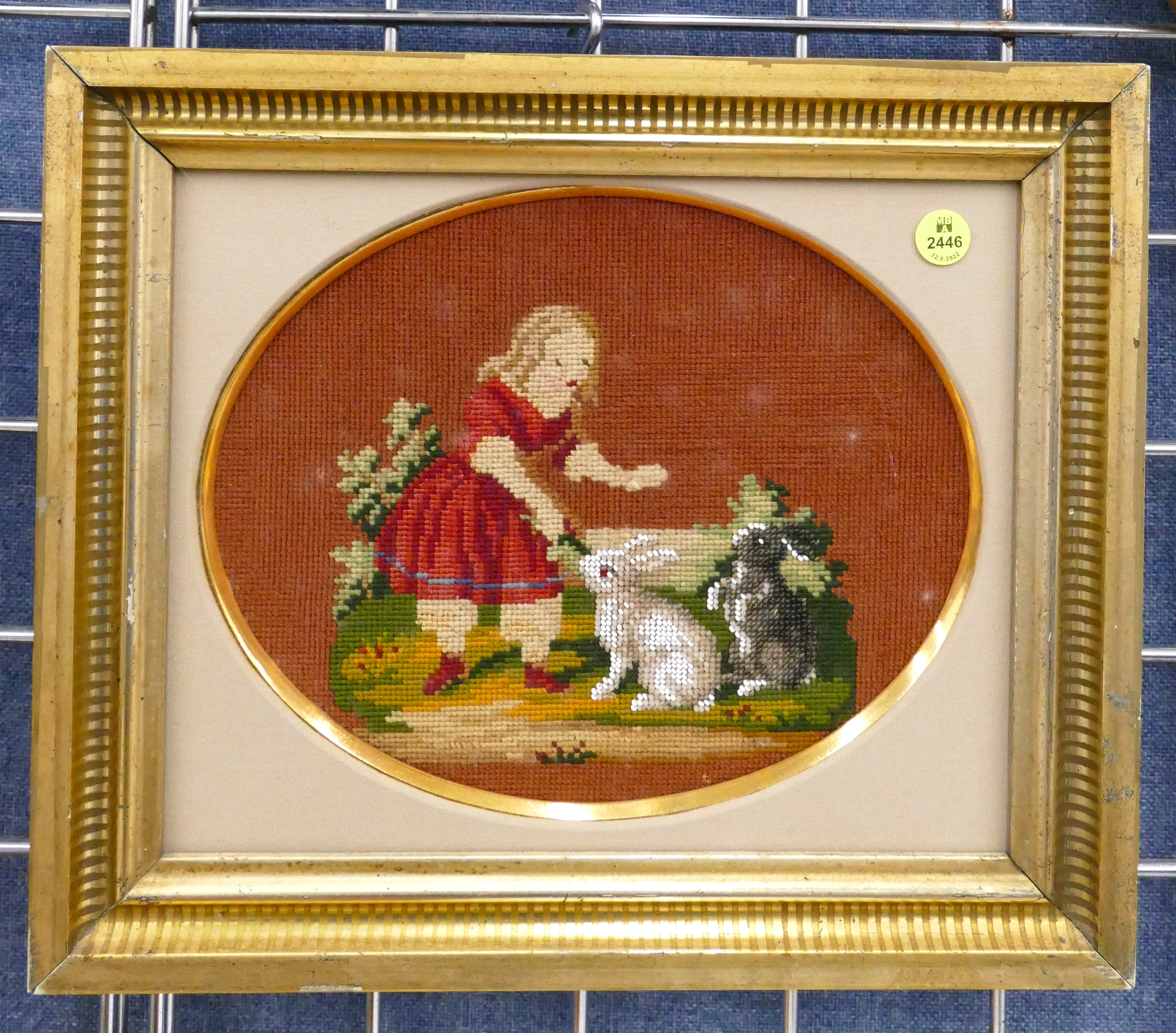 Appraisal: Antique Girl with Rabbits Needle and Beadwork Framed- x ''