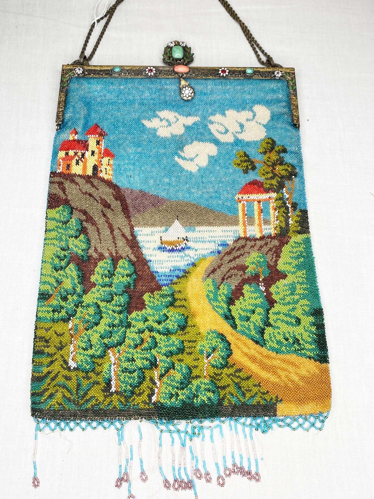 Appraisal: Micro Beaded Hand Bag with Sailboat and Castle long including