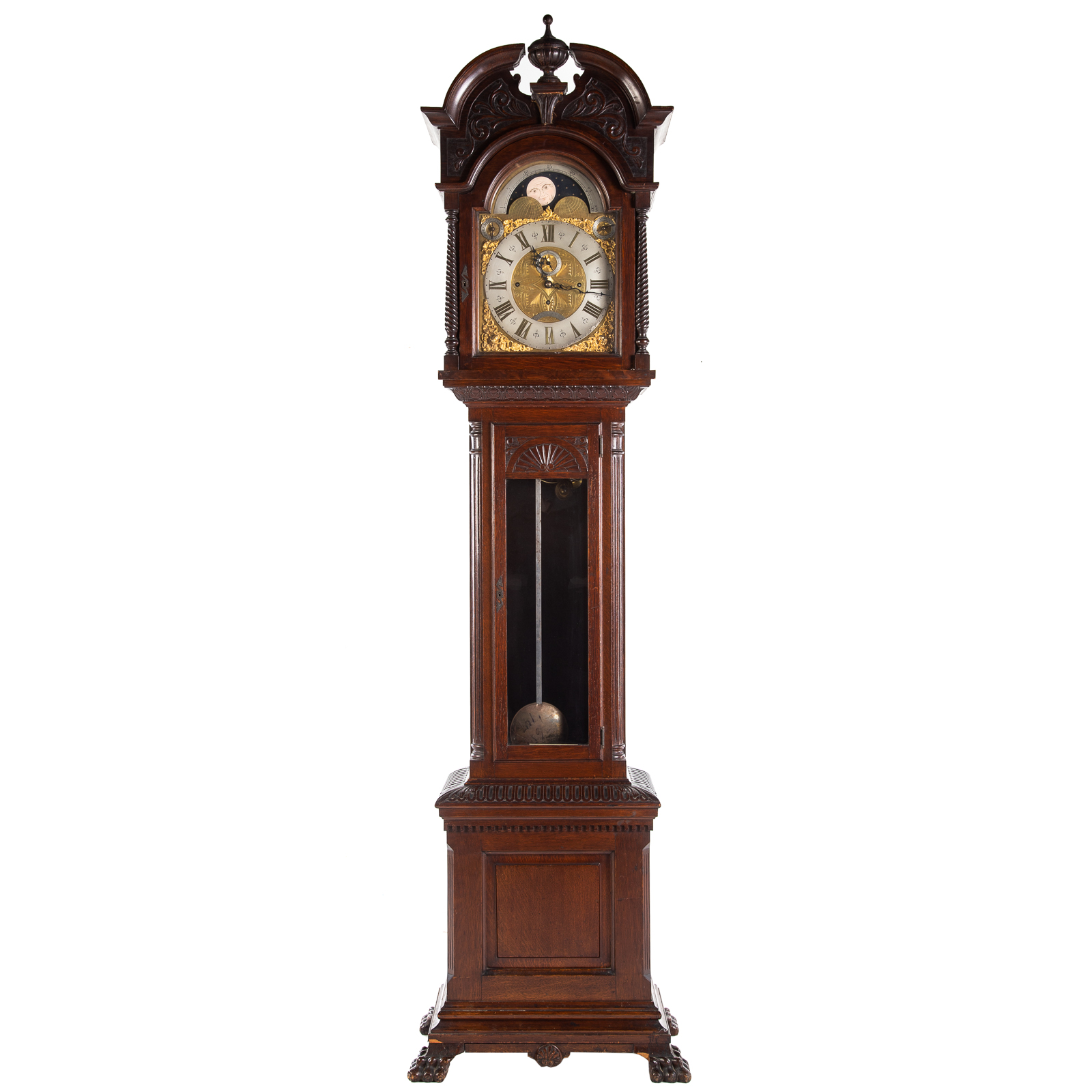 Appraisal: CHIPPENDALE STYLE OAK TALL CASE CLOCK Circa broken arch pediment