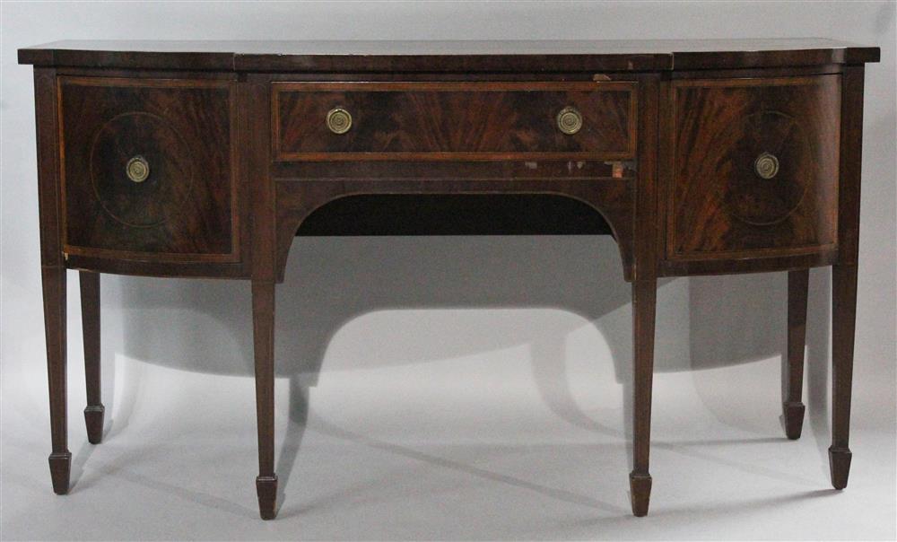 Appraisal: GEORGE III STYLE INLAID MAHOGANY SHAPED RECTANGULAR SIDEBOARD the case