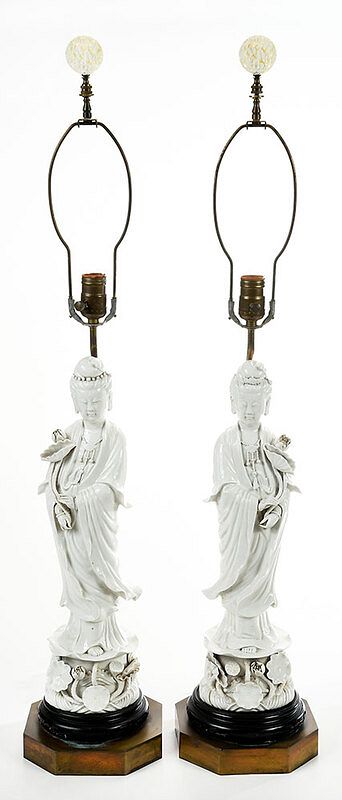 Appraisal: Pair Chinese Blanc de Chine Guanyin Lamps th century figures