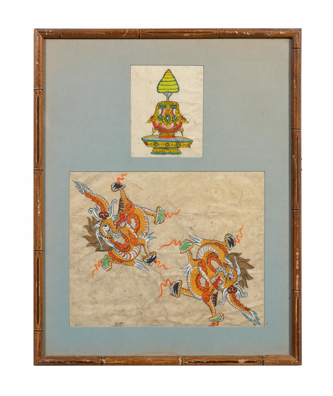 Appraisal: TIBETAN PAINTING OF DRAGONS AND A BUMPA Tibetan painting of