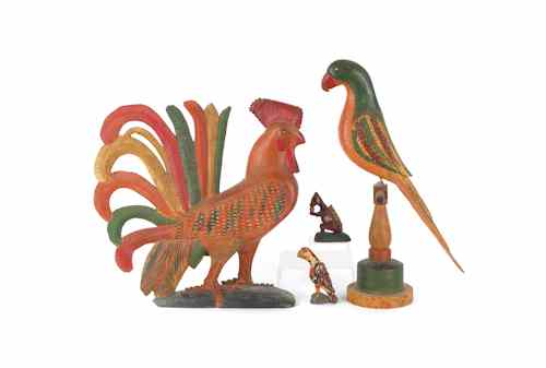 Appraisal: Keith Collis carved rooster and parrot together with a Strawser