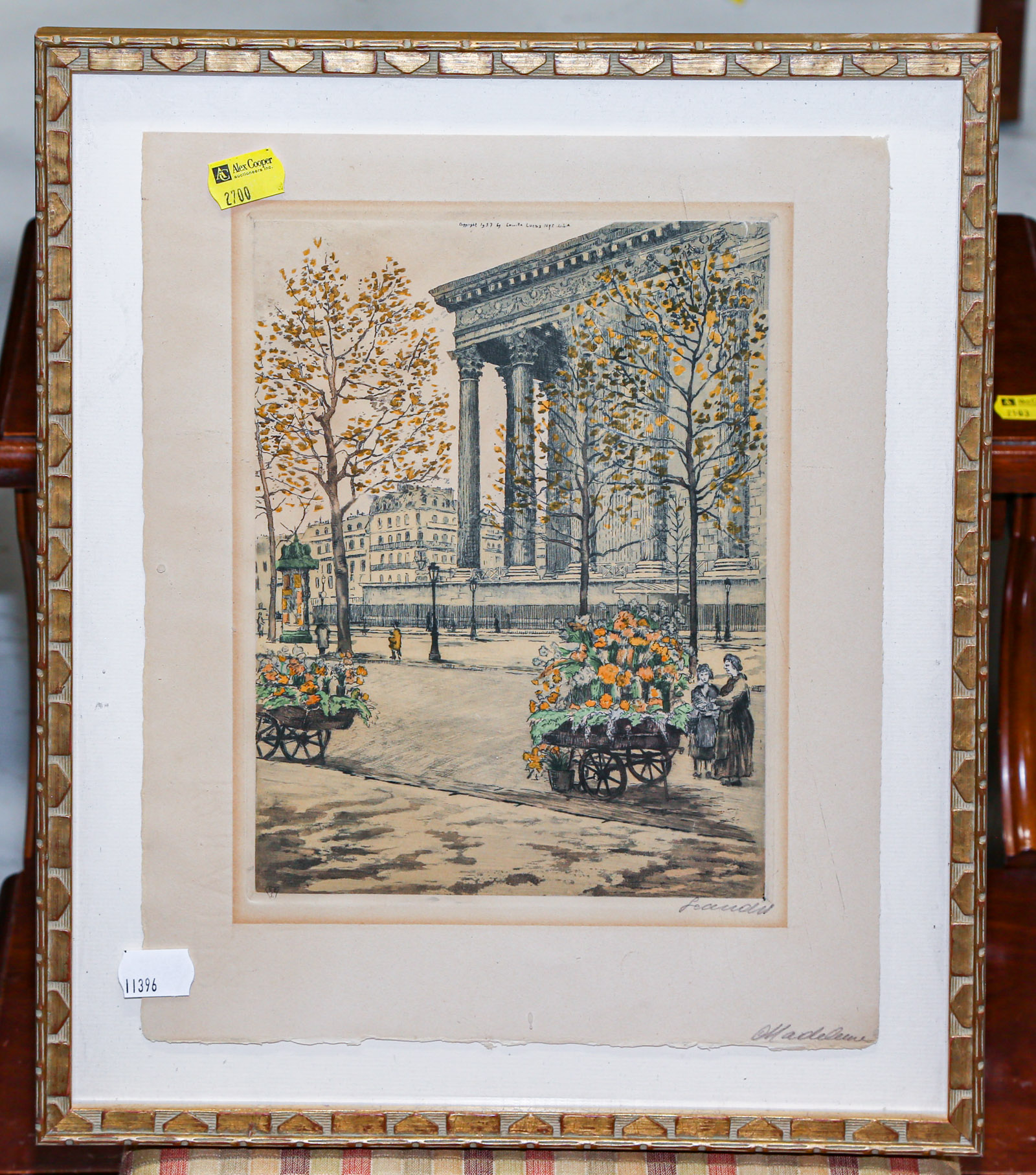 Appraisal: FRAMED FRENCH STREET SCENE ETCHING Signed sight size x in