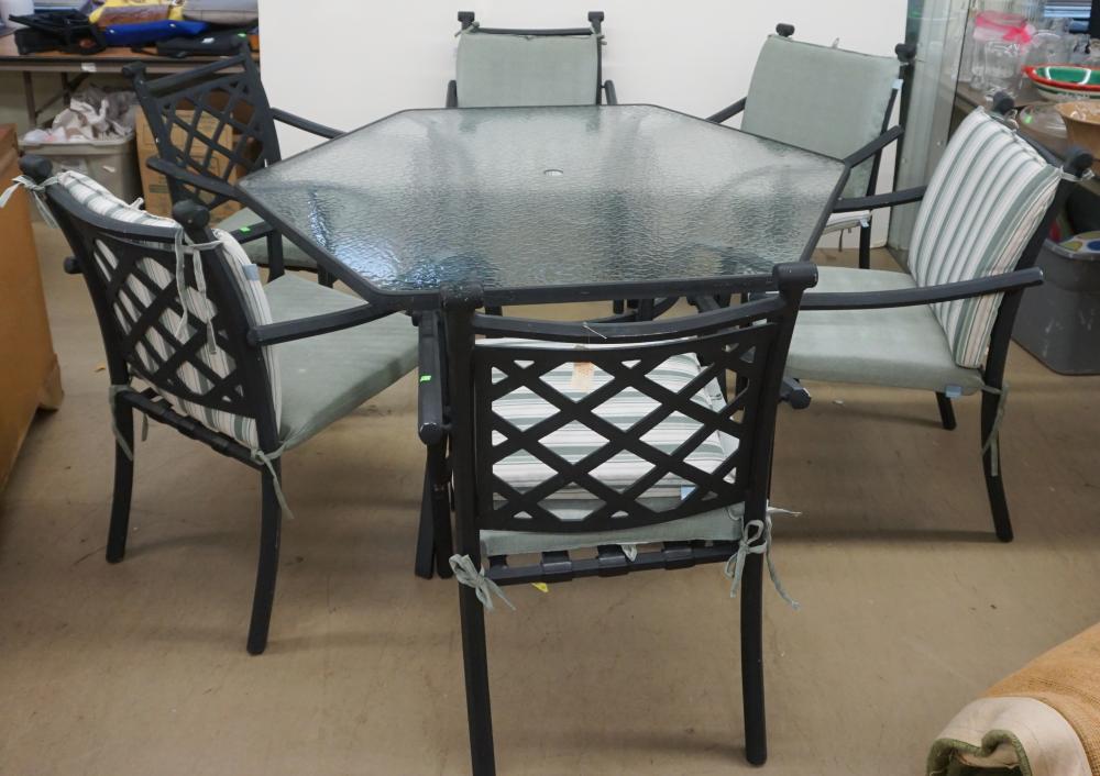 Appraisal: Black Painted Metal Outdoor Table and Six Chairs Table x