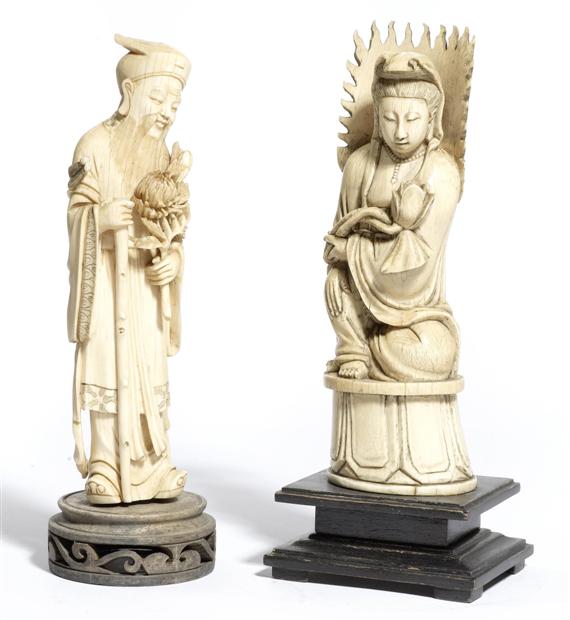 Appraisal: TWO IVORY FIGURINES China Republic height and cm Wooden base