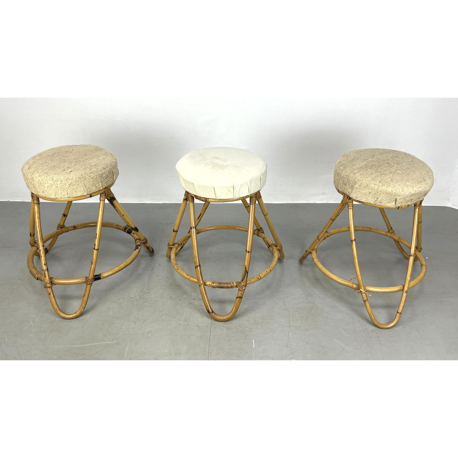 Appraisal: Set Bamboo Base Bar Stools Modernist hairpin design frames Dimensions