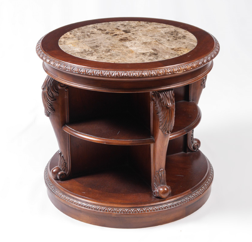 Appraisal: CONTEMPORARY REVOLVING CARVED INSET MARBLE SIDE TABLE Round inset marble