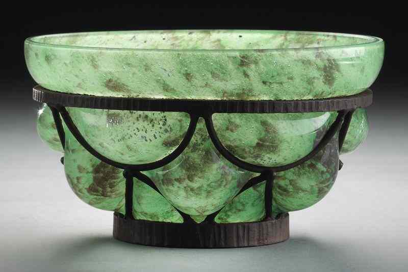 Appraisal: Delatte Nancy green glass vase blown into awrought iron mount