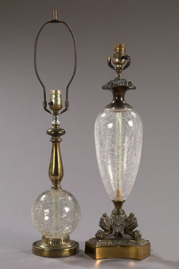 Appraisal: Two Art Moderne-Style Brass-Mounted Crackled Glass Table Lamps ca one