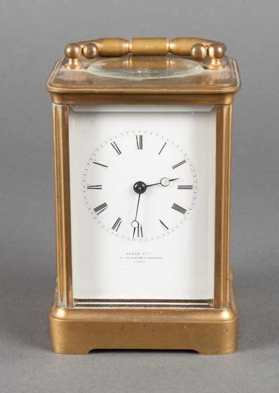 Appraisal: French brass and beveled glass carriage clock late th century