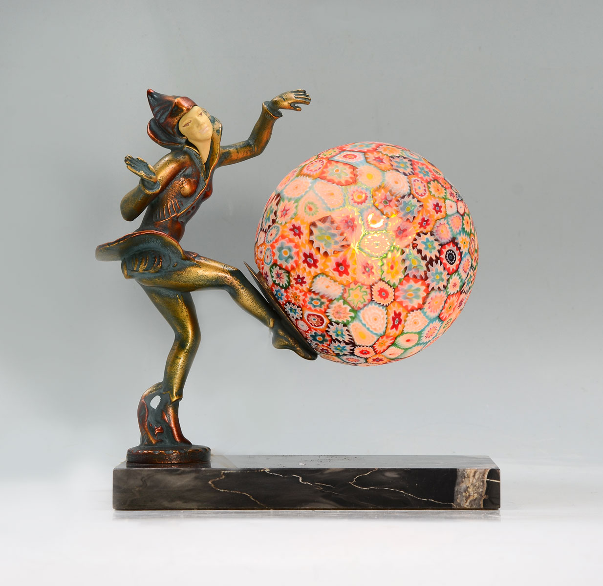 Appraisal: MILLEFIORI ART DECO LAMP Murano Millefiori shade resting on a