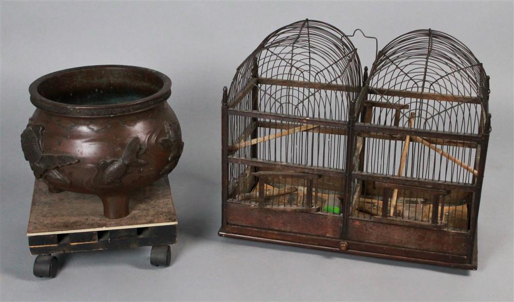 Appraisal: DOUBLE ARCHED METAL AND WOOD BIRD CAGE TOGETHER WITH A