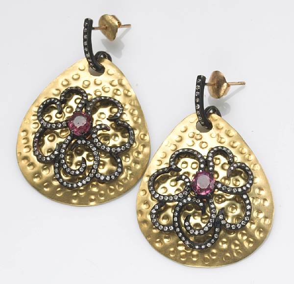 Appraisal: A pair of spinel diamond and k gold earrings estimated