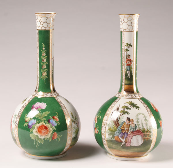 Appraisal: Pair Dresden hand painted porcelain bottles vases bucolic scenes H