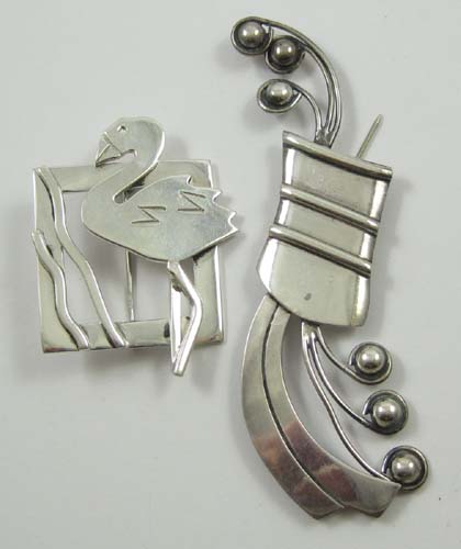 Appraisal: TWO MEXICAN STERLING BROOCHES - one of a standing bird