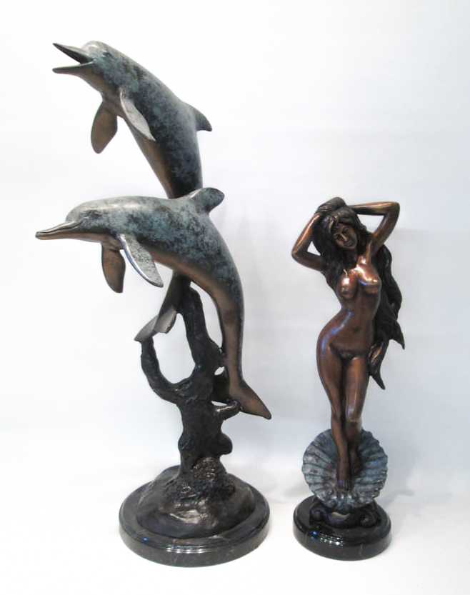 Appraisal: TWO FIGURAL BRONZE SCULPTURES the first having two dolphins swimming