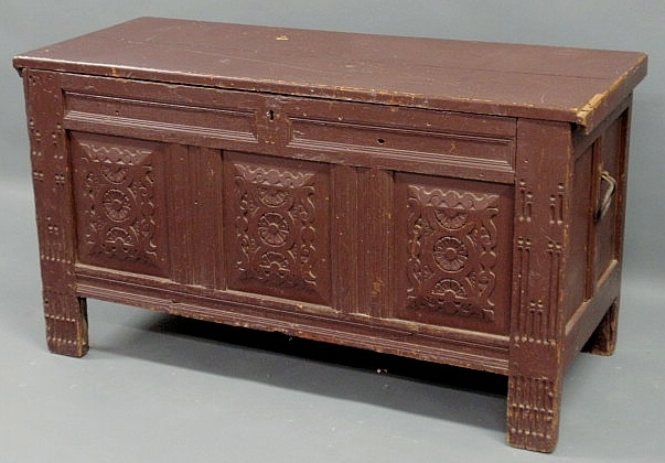 Appraisal: Jacobean style Continental blanket chest carved oak h x w