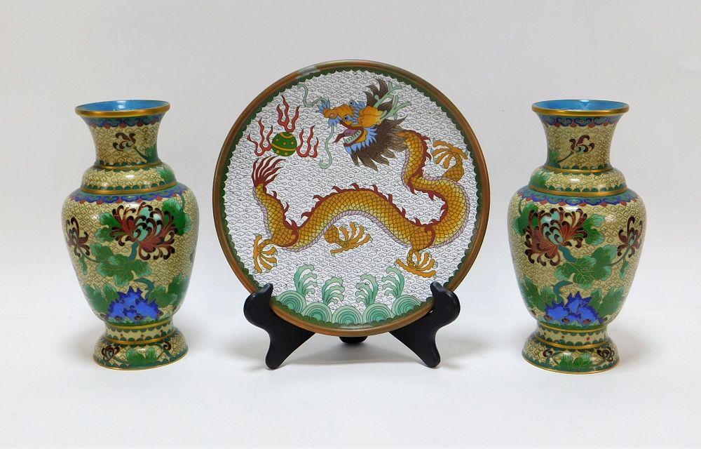 Appraisal: PC Chinese Cloisonne Vase and Plate Group China Early th