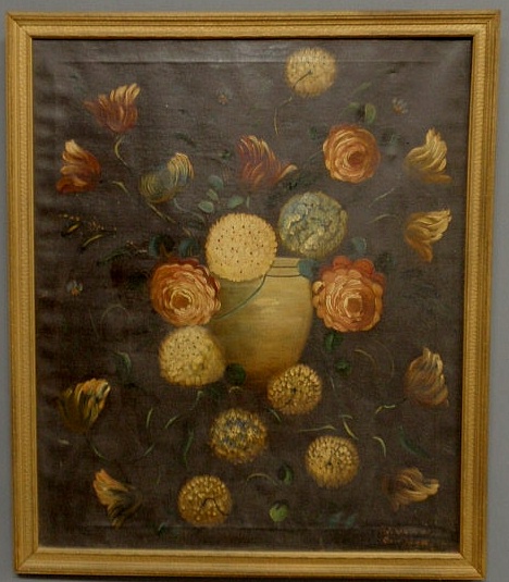 Appraisal: Oil on canvas still life painting of roses thistles and