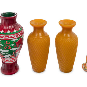 Appraisal: Four Chinese Glass Vases comprising a pair of yellow examples