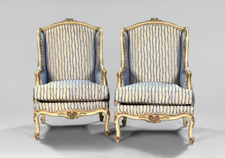 Appraisal: Good Pair of Louis XV-Style Carved and Polychromed Bergeres each