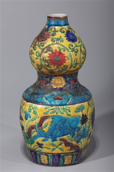 Appraisal: Chinese porcelain enameled double-gourd vase multicolor with fish motifs mark