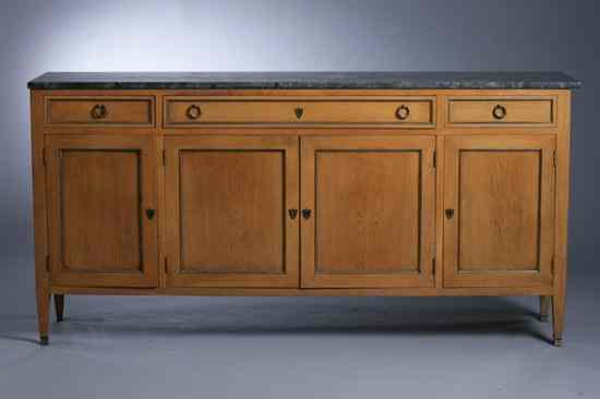 Appraisal: MID- TH CENTURY REGENCY STYLE MARBLE TOP FRUITWOOD SIDEBOARD Striated