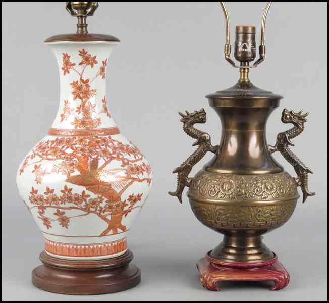 Appraisal: TWO TABLE LAMPS Gold and red painted porcelain vase fitted