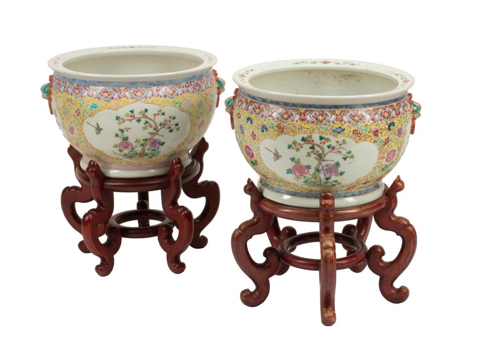 Appraisal: Pair of Chinese Famille Rose Decorated Yellow Ground Porcelain Planters